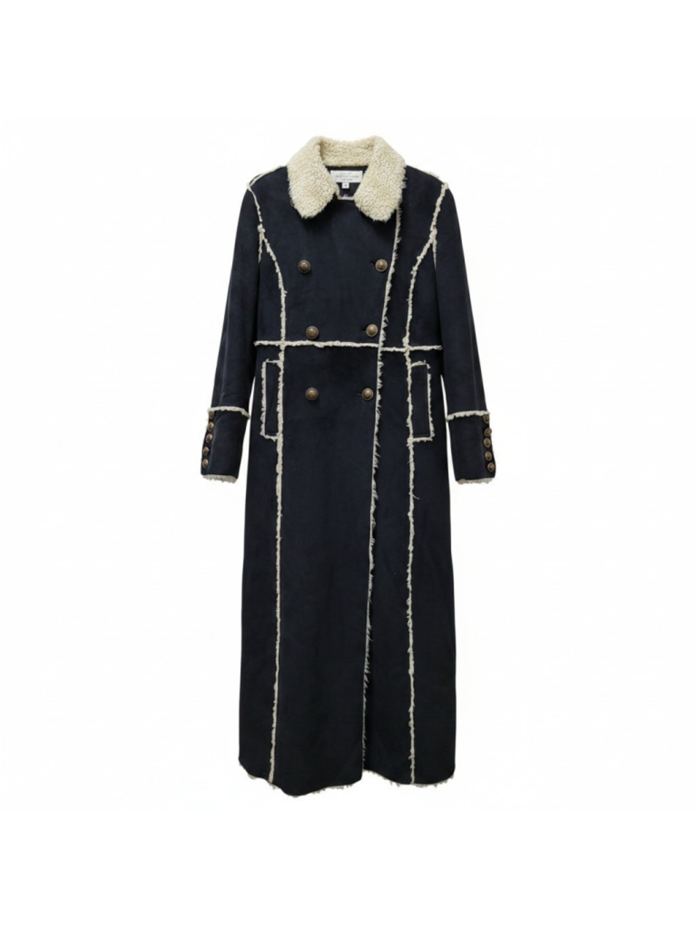 Tasha Polizzi Women Faux Suede Maxi Sherpa Trim Double Breast Long-Sleeves Coat